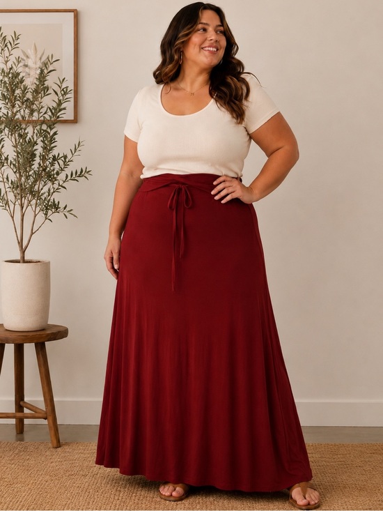 Zenana Dresses & Skirts - Zenana Outfitters Plus-Size Tie-Waist Maxi Skirt in Burgundy and Cream